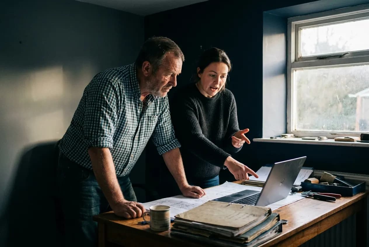 A business owner and a consultant working through his figures together on a laptop