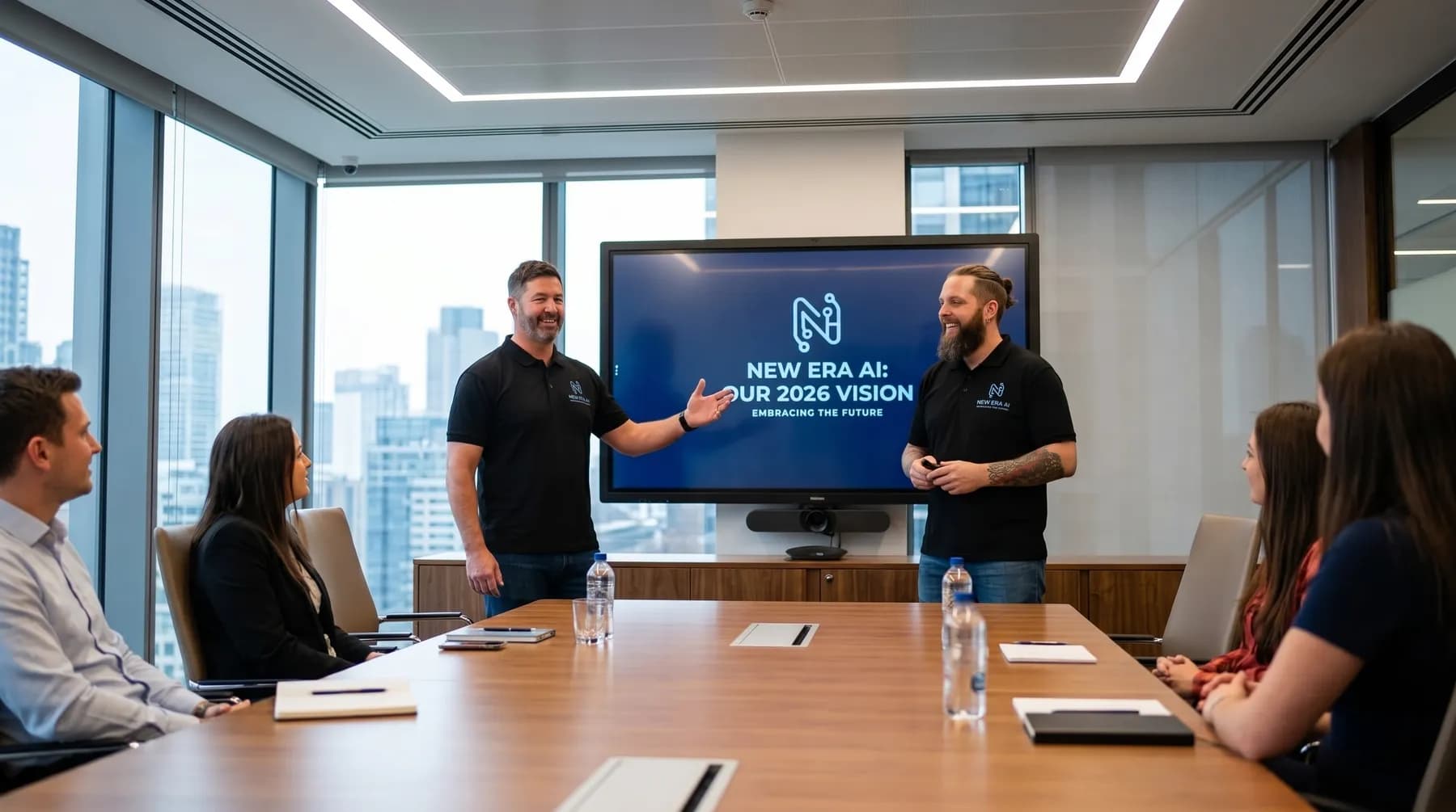 Simon Mathias and Chris Drinkwater presenting the New Era AI vision to a client team